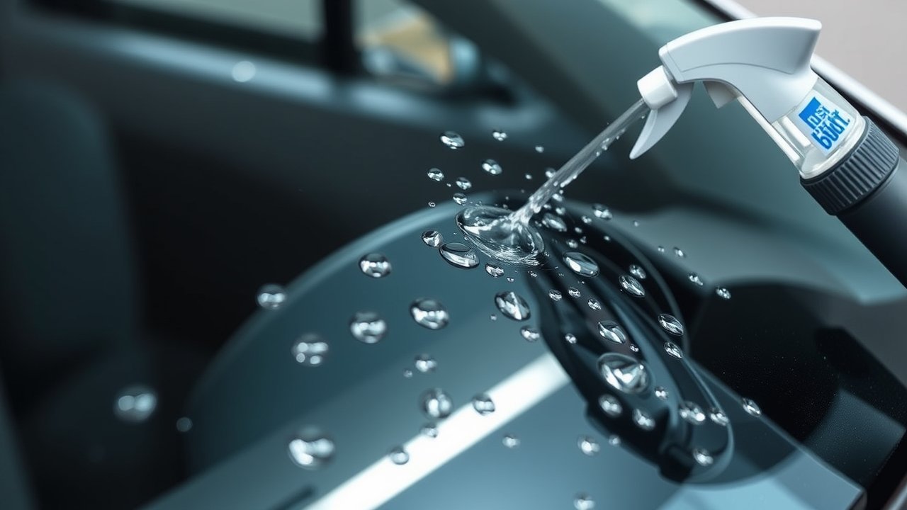 Kính ô tô sáng bóng sau khi tẩy ố với lớp phủ chống bám nước, hạt nước tạo hình cầu trên bề mặt kính sạch sẽ