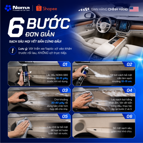 6 bước vệ sinh nội thất ô tô với bình xịt tẩy rửa NOMA 680