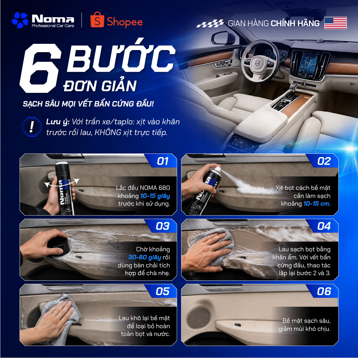 6 bước vệ sinh nội thất ô tô với bình xịt tẩy rửa NOMA 680