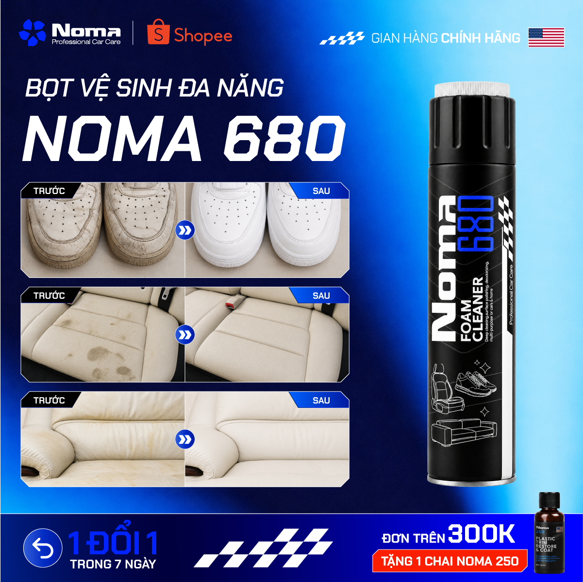 Bình xịt tẩy rửa nội thất ô tô NOMA 680 trước sau so sánh