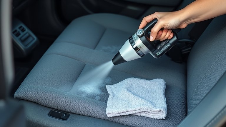 Các bước chuẩn bị sơ chế ghế nỉ: hút bụi, phun nước tinh khiết và kiểm tra màu sắc trước khi làm sạch