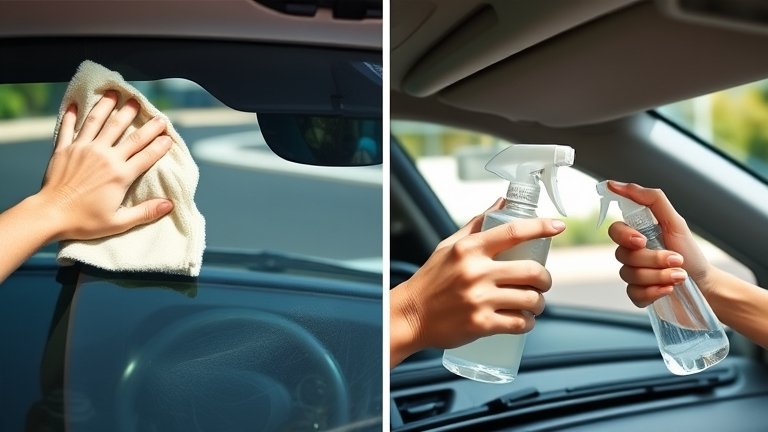 Quy trình chăm sóc kính xe mưa từng bước: lau kính bằng khăn mềm, xịt dung dịch tẩy ố, lau sạch để tẩy ố hiệu quả