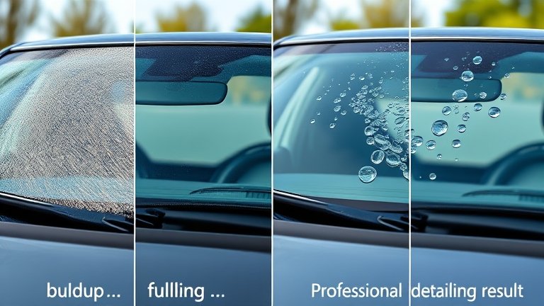 So sánh hiệu quả chăm sóc kính xe mưa: kính bẩn ố, bán sạch, sạch hoàn toàn, và sạch với lớp chống bám nước NOMA 911