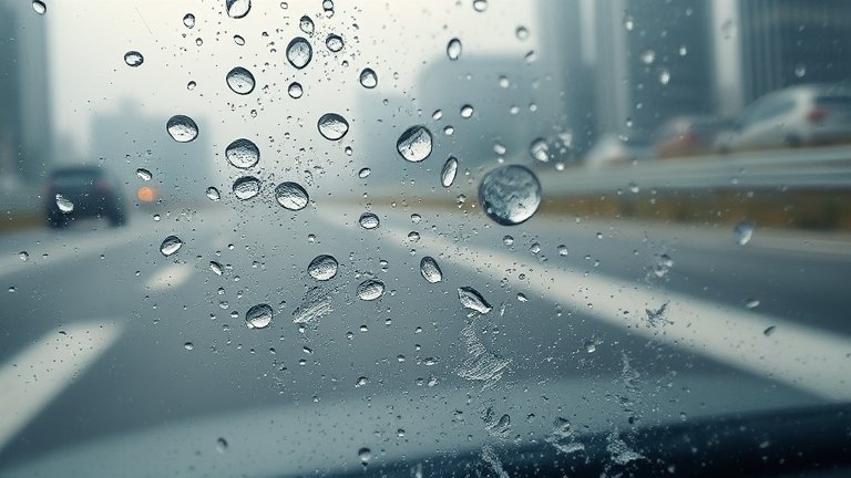 Vết ố nước mưa bám trên kính ô tô, lớp bẩn giảm độ trong suốt, tầm nhìn kém do chăm sóc kính xe mưa không đủ