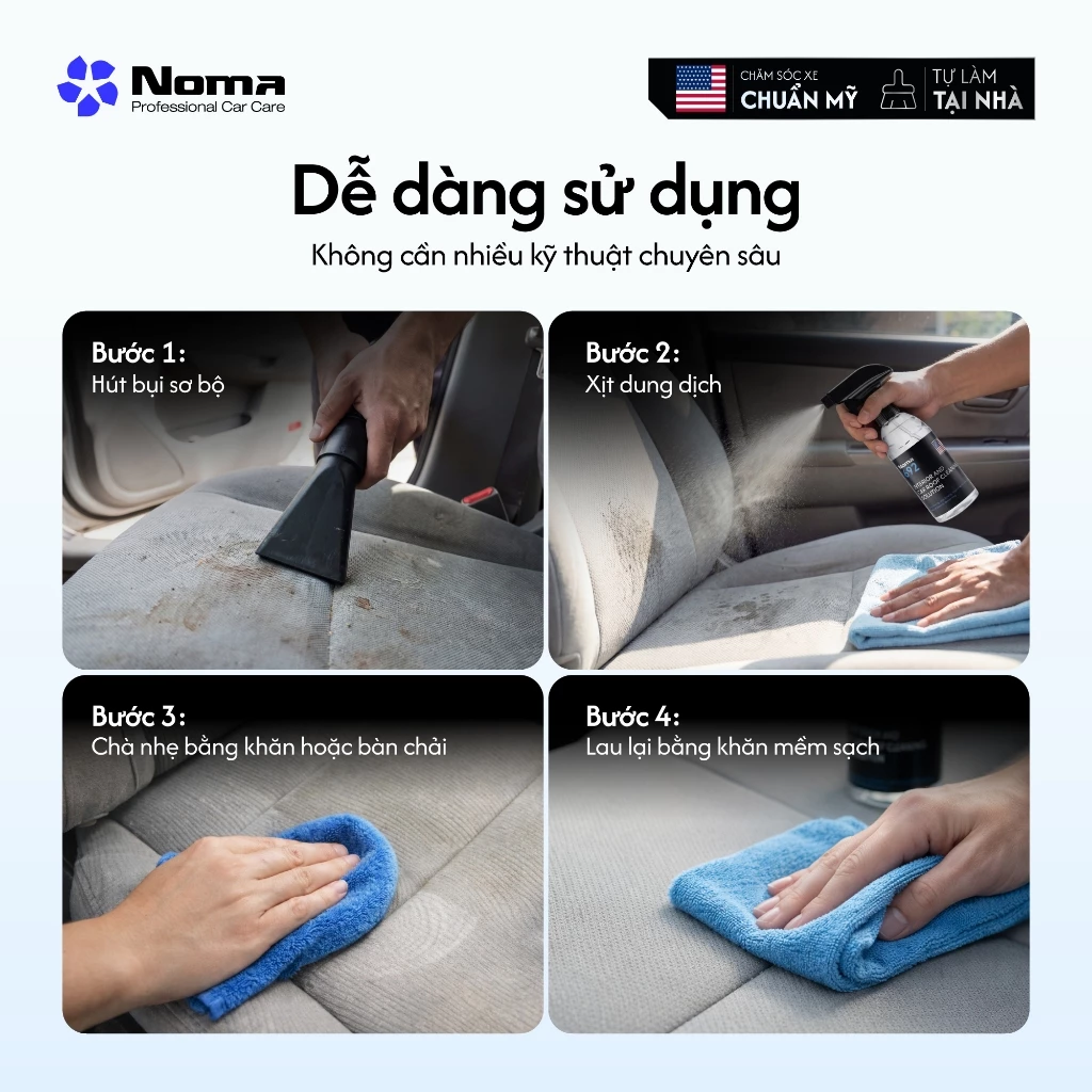 4 bước sử dụng NOMA 692: hút bụi, xịt dung dịch, chà, lau sạch