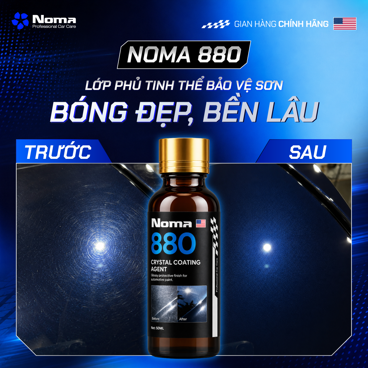 Hiệu quả phủ tinh thể NOMA 880 trước và sau - sơn bóng mịn, chống bám nước
