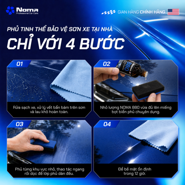 4 bước phủ tinh thể NOMA 880 tại nhà - rửa sạch, nhỏ dung dịch, phủ đều, để ổn định