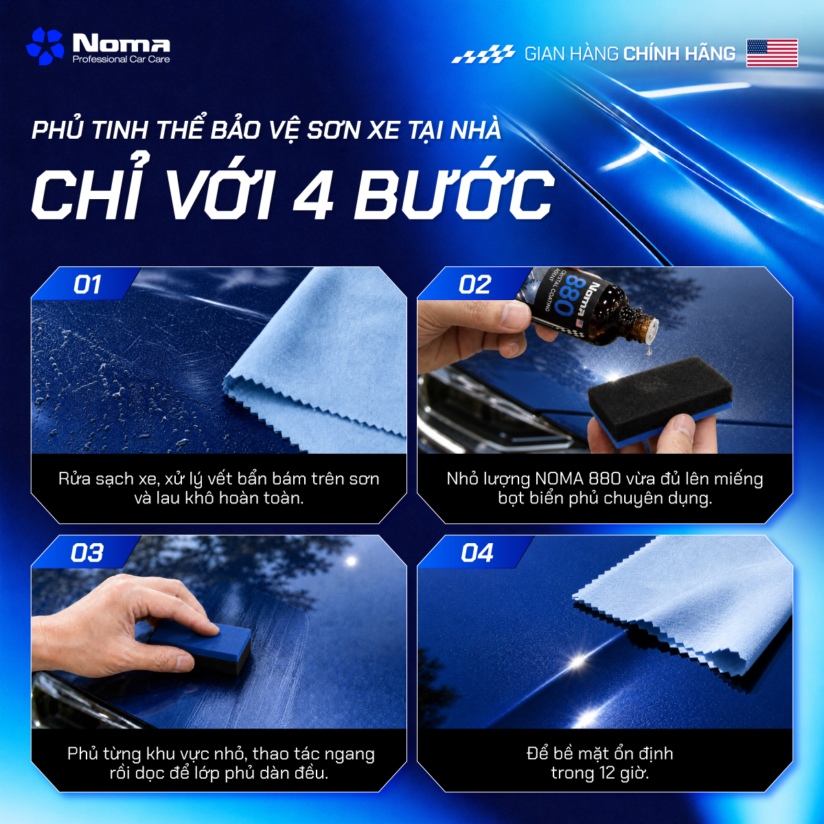 4 bước phủ tinh thể NOMA 880 tại nhà - rửa sạch, nhỏ dung dịch, phủ đều, để ổn định
