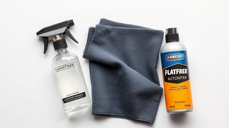 Các dụng cụ chuẩn bị vệ sinh taplo gồm khăn microfiber, nước cất trong bình xịt và sản phẩm vệ sinh bọt chuyên dụng