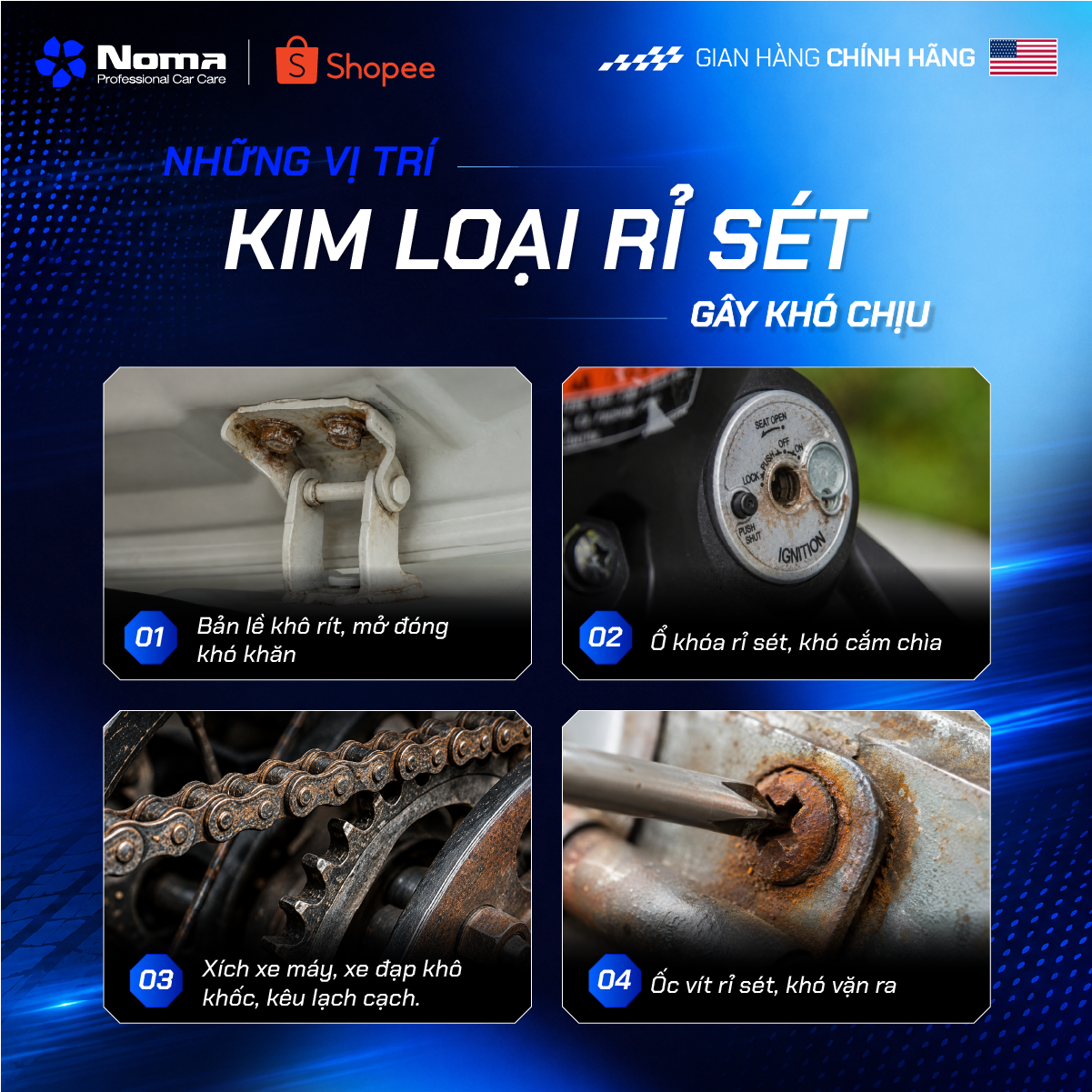 Các vị trí rỉ sét phổ biến trên xe: bản lề khô ritt, ổ khóa rỉ sét, xích rỉ sét, ốc vít rỉ sét