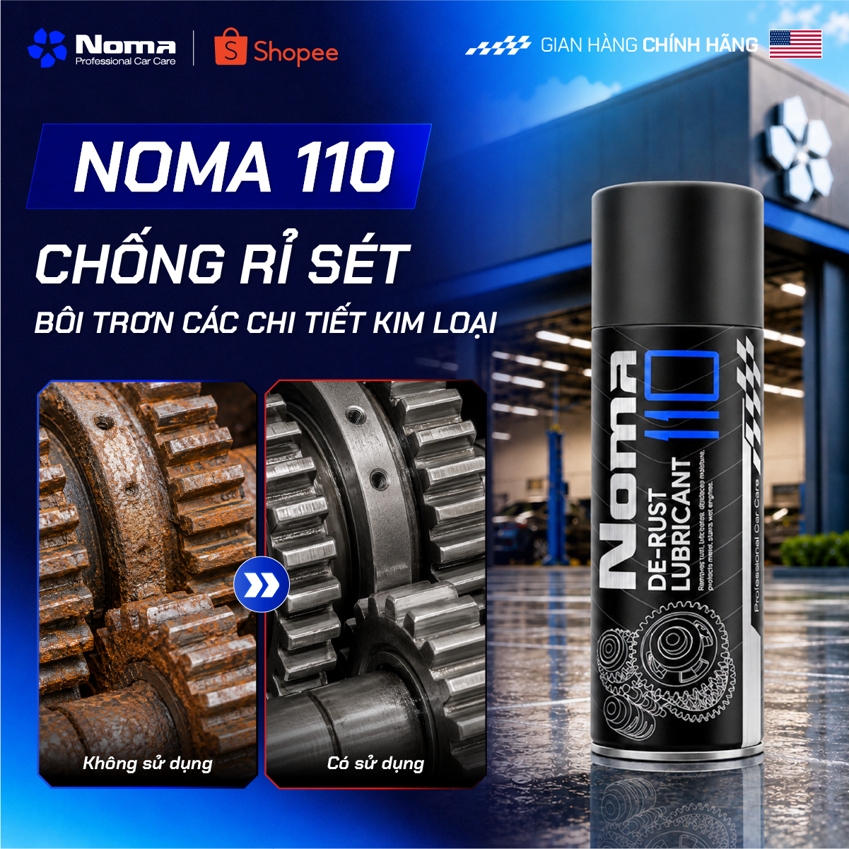 Bánh răng rỉ sét trước và sau khi xử lý với NOMA 110, hiệu quả tẩy rỉ rõ rệt