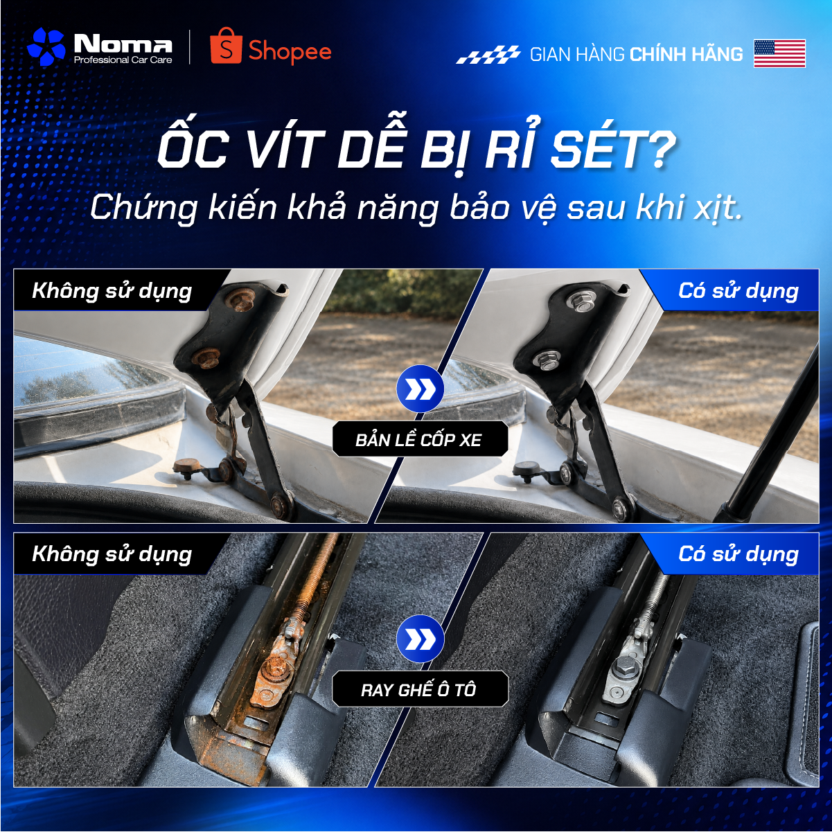 Bản lề cửa ô tô rỉ sét trước và sau khi dùng NOMA 110, vô cùng sạch bóng