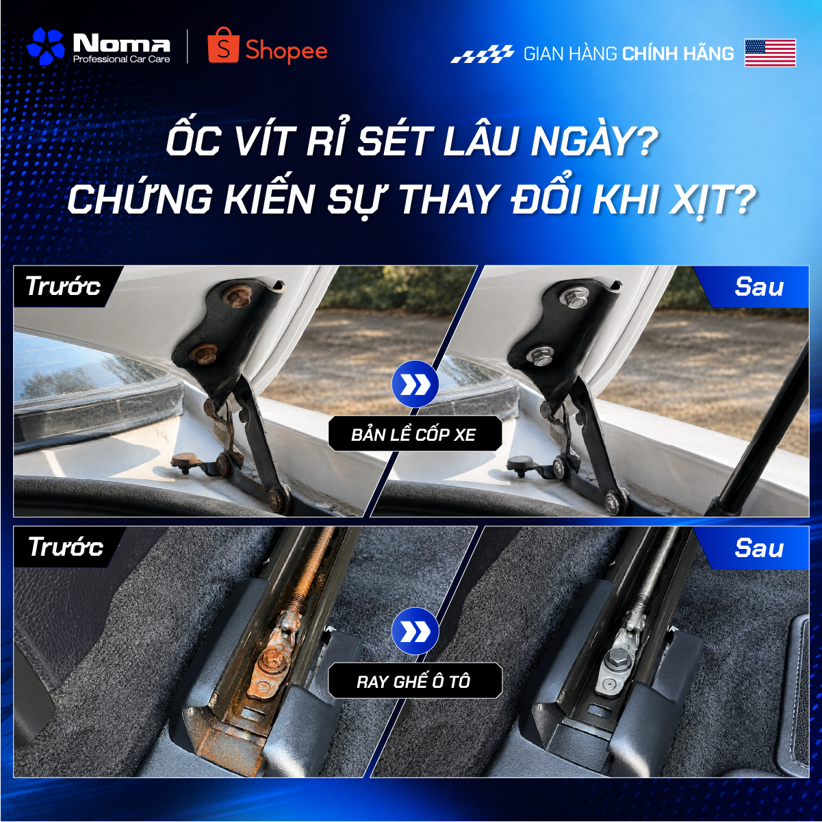 Bản lề cửa xe, ray ghế rỉ sét được Noma 110 xử lý nhanh chóng