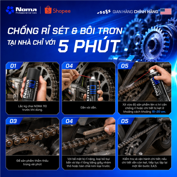 5 bước sử dụng NOMA 110: lắc chai, gắn vòi dẫn, xịt 15-20cm, chờ thẩm thấu, vân hành chi tiết