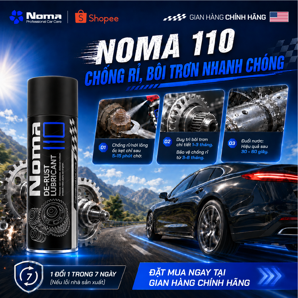 Thời gian hiệu quả NOMA 110: tác dụng 5-15 phút, bôi trơn 1-3 tháng, bảo vệ 3-6 tháng