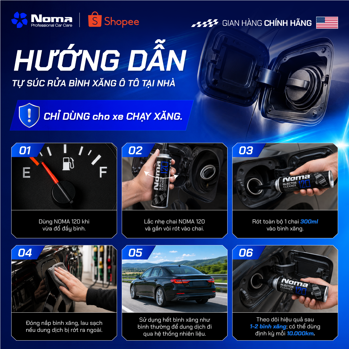 Các bước chi tiết sử dụng Noma 120 cho ô tô chạy xăng