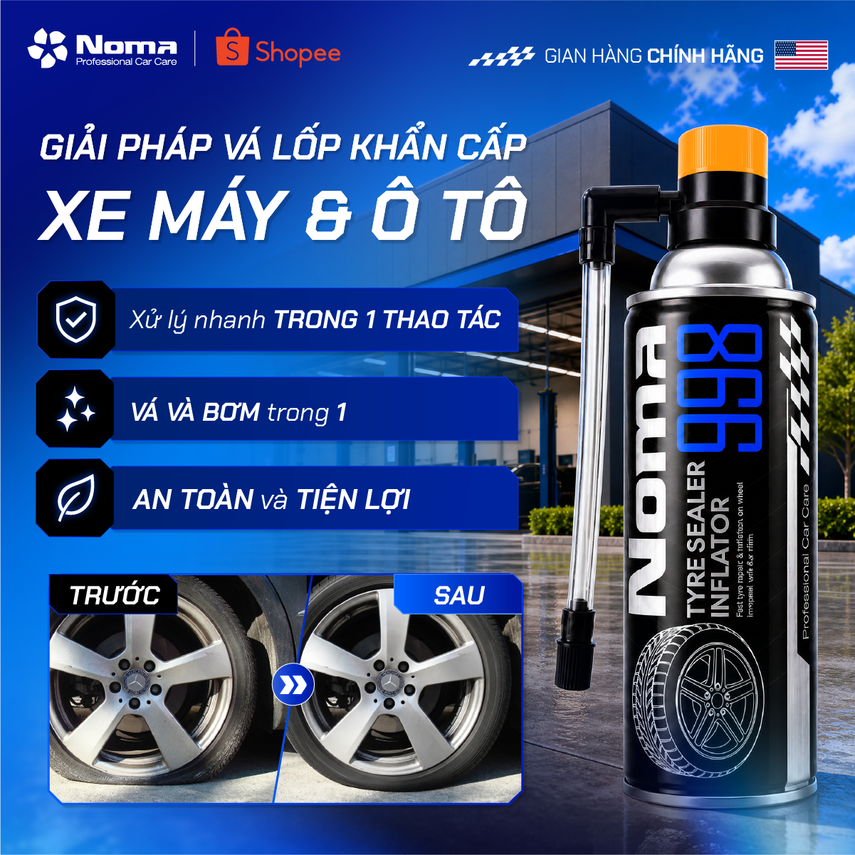 Noma 998 xử lý nhanh trong 1 thao tác, vá và bơm lốp cùng lúc