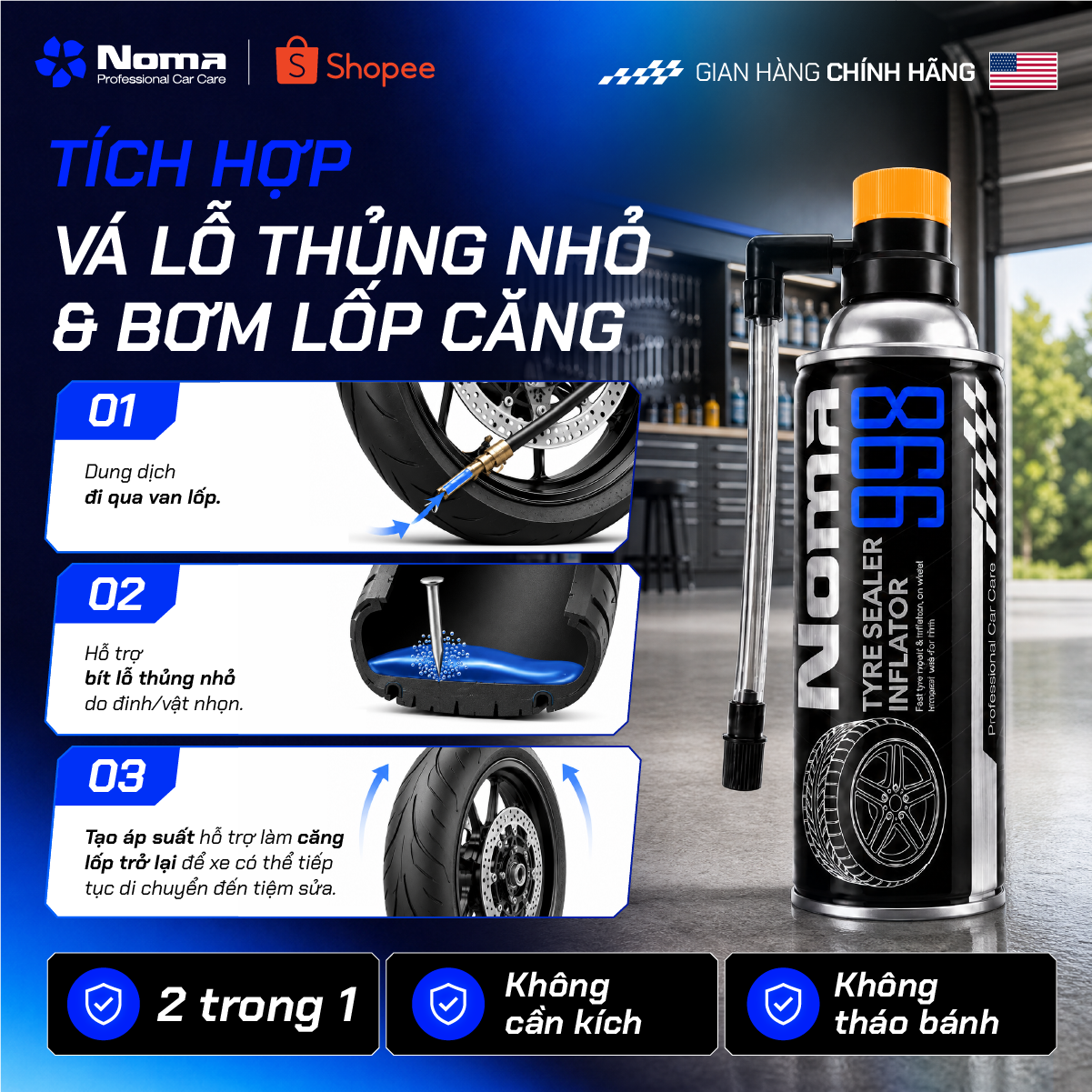 Các bước sử dụng Noma 998: xịt dung dịch qua van lốp, chạy 10-15 km/h để phân bố đều