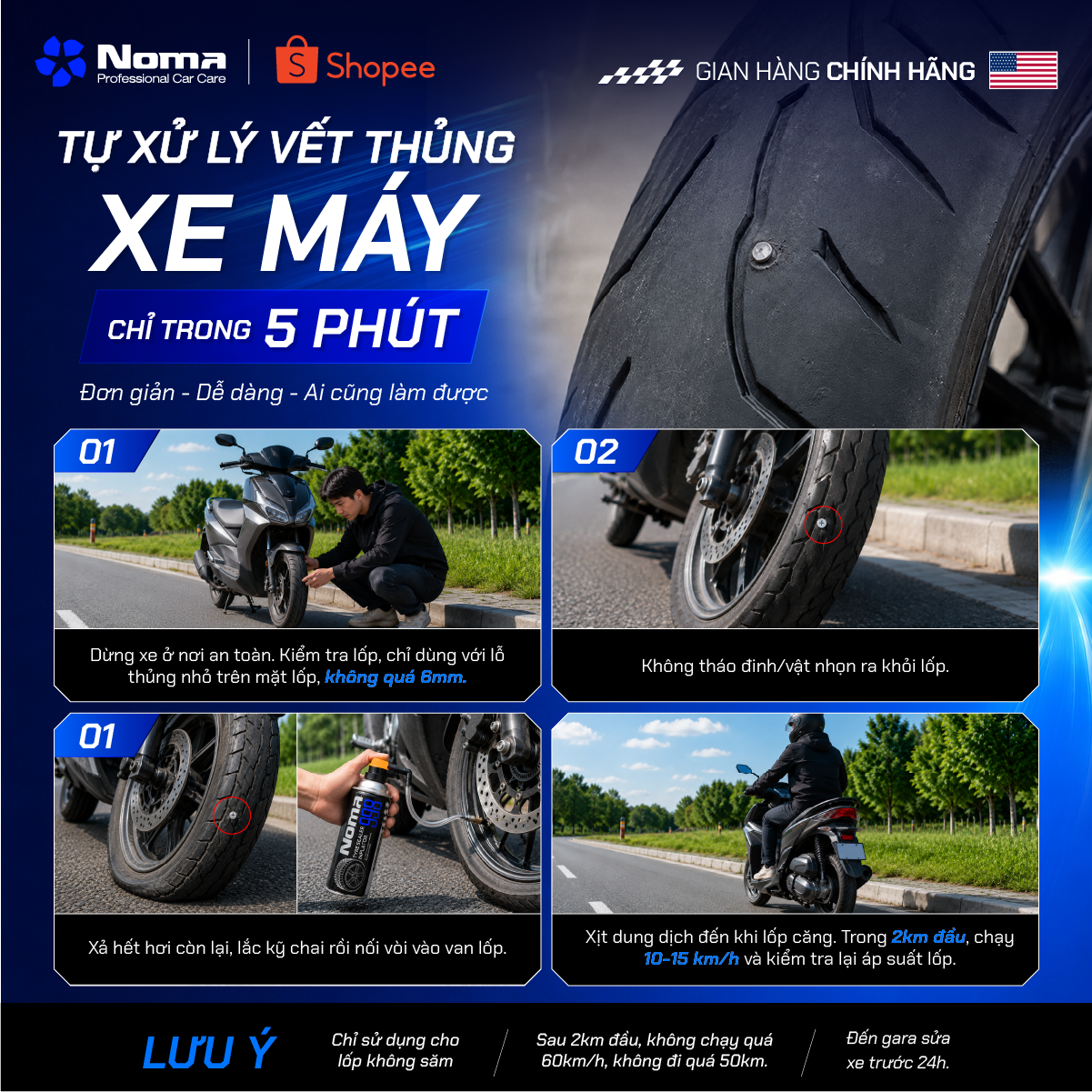 Tự xử lý vết thủng xe máy chỉ trong 5 phút với Noma 998