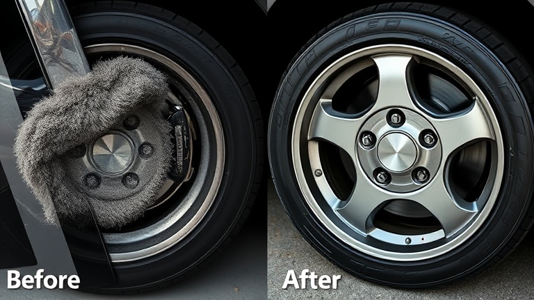 Removing brake dust from an alloy wheel with a dedicated cleaning product, showing clear cleaning results