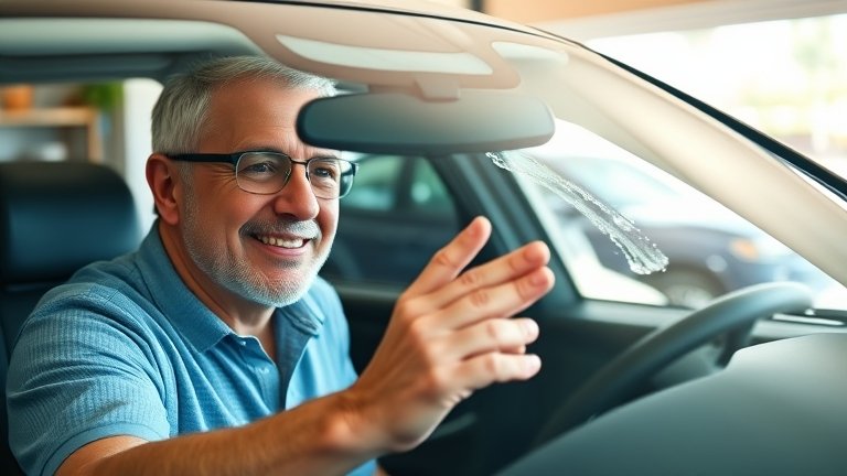 Chủ xe kiểm tra lớp chống bám nước trên kính sau khi tẩy ố bằng NOMA 911, kính sáng bóng và nước tạo hạt tròn lăn xuống