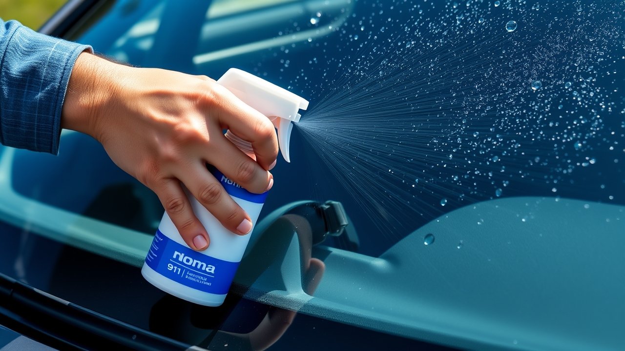 Hình ảnh minh hoạ sử dụng sản phẩm tẩy ố kính ô tô NOMA 911 để phục hồi độ sáng và tạo lớp chống bám nước trên kính xe