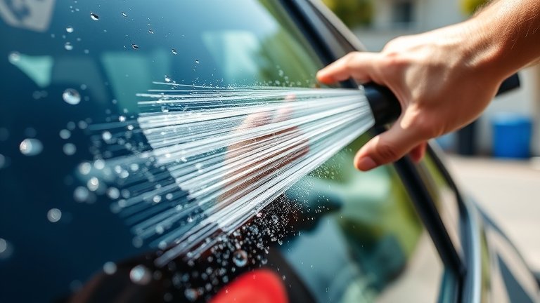 Rửa sạch kính ô tô bằng nước trước khi tẩy ố, loại bỏ bụi bẩn, chuẩn bị bề mặt