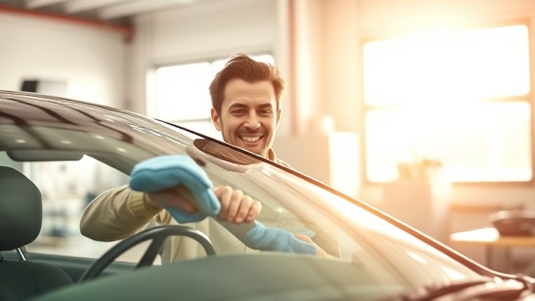 Người dùng kiểm tra kết quả sau khi tẩy ố nước kính ô tô bằng NOMA 911, kính sáng bóng