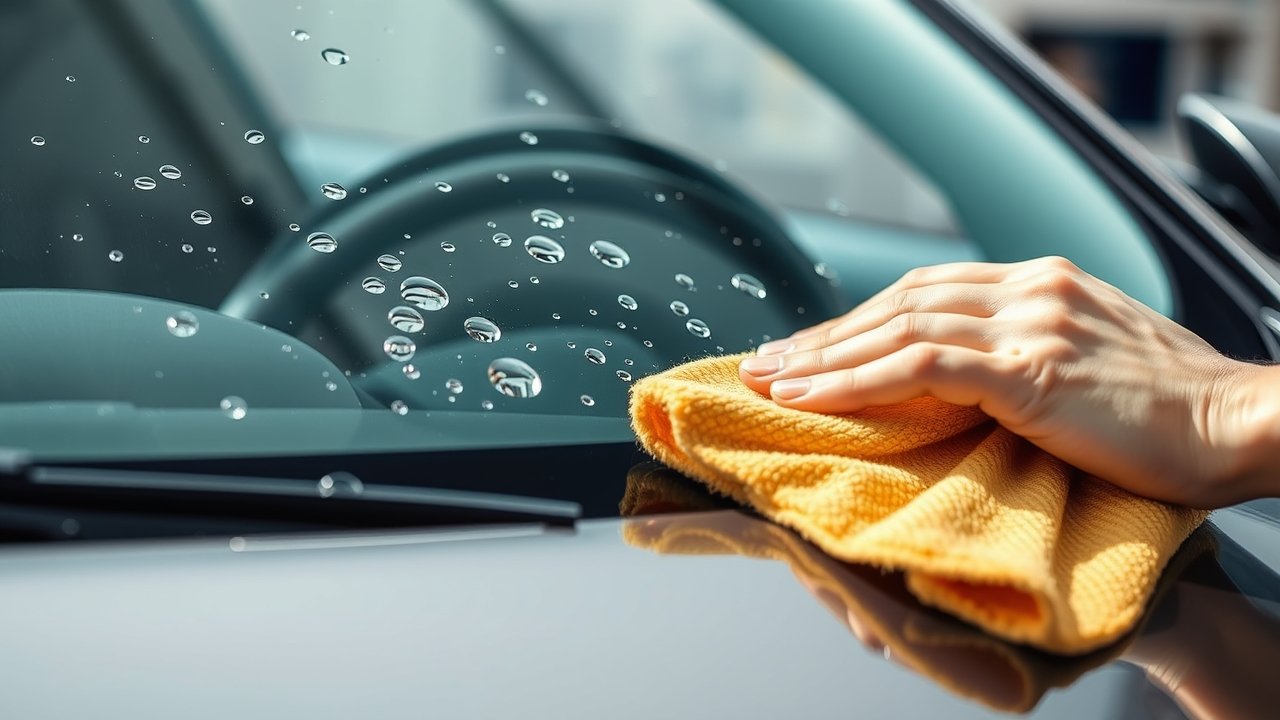 Tẩy ố nước kính ô tô bằng giẻ microfiber, thể hiện hiệu quả phủ chống bám nước trên bề mặt kính trong suốt