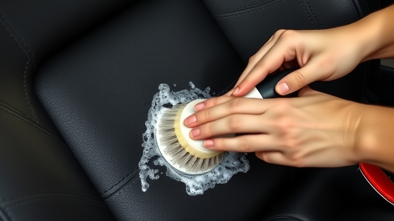Bàn chải mềm chà nhẹ bề mặt ghế da ô tô với dung dịch tẩy rửa, thể hiện kỹ thuật làm sạch đúng cách