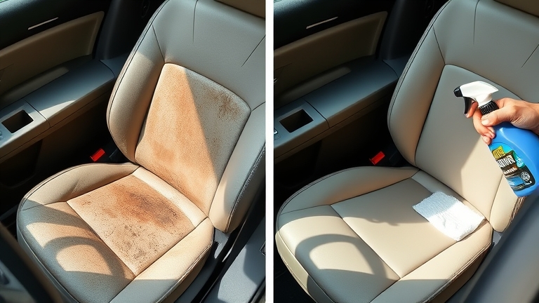 Before-and-after comparison of a cleaned leather car seat: stained on the left, spotless after using NOMA on the right