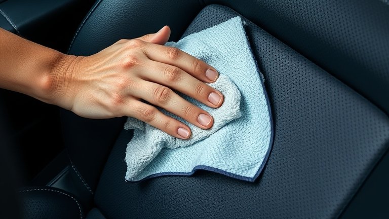 Lau bụi bẩn khô trên ghế da ô tô bằng khăn microfiber mềm theo chiều dọc, loại bỏ bụi trước bước làm sạch sâu.