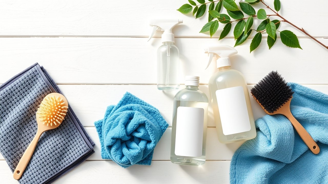 Vệ sinh nội thất ô tó bằng các dụng cụ chuyên dụng: khăn microfiber, bàn chải mềm, dung dịch pH trung tính, được sắp xếp gọn gàng sẵn sàng cho quá trình làm sạch.