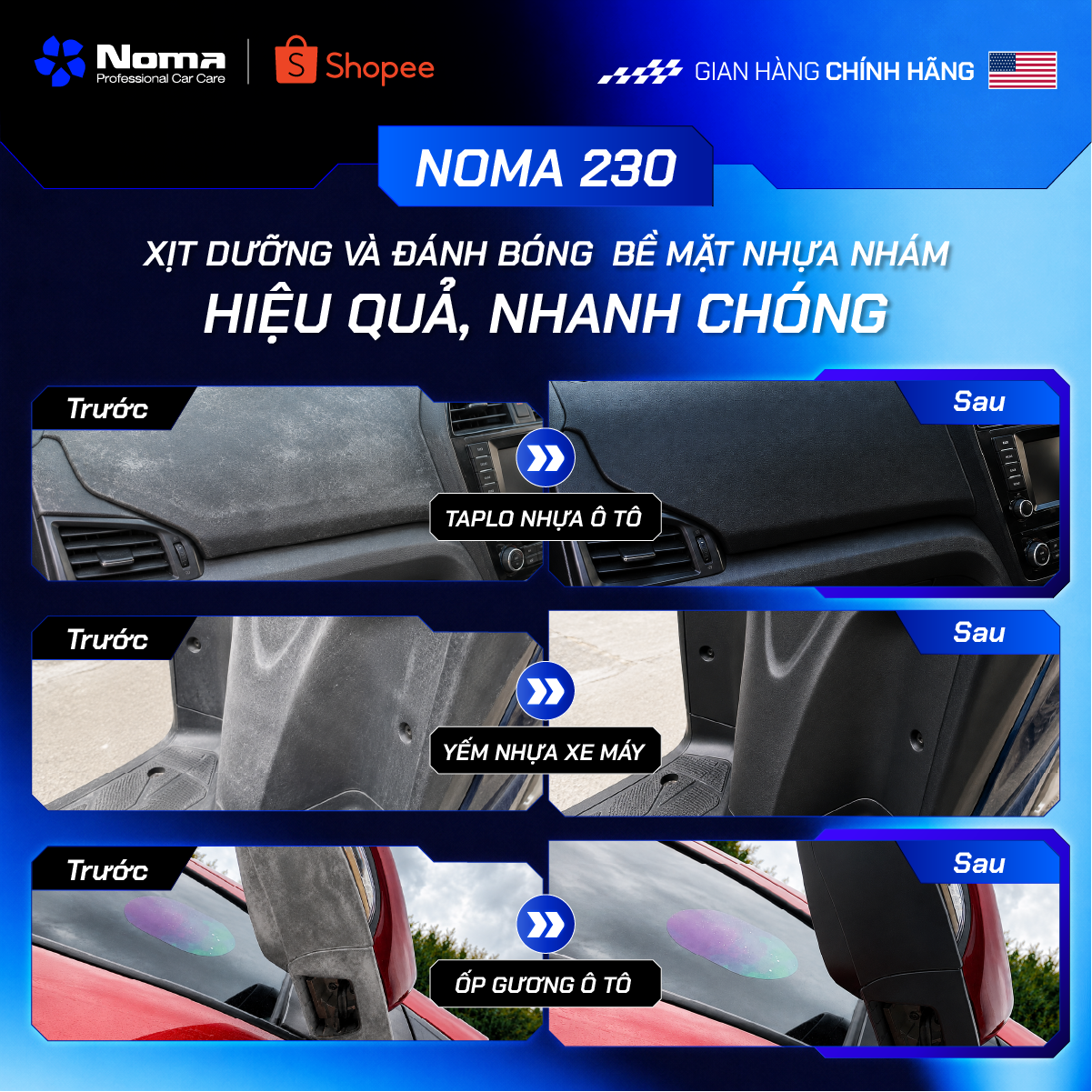 So sánh trước sau xịt dưỡng NOMA 230 - taplo, yếm, ốp gương nhựa