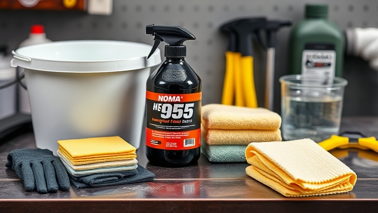 Các dụng cụ chuẩn bị cần thiết: NOMA 955, bông ứng dụng mềm, khăn microfiber, bàn chải mềm, và bình nước rửa xe.