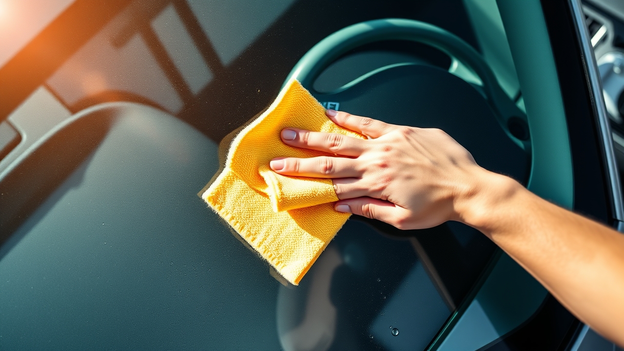 Hình ảnh tẩy ố nước kính ô tô bằng khăn microfiber chuyên dụng, hiển thị quá trình làm sạch kính xe chi tiết