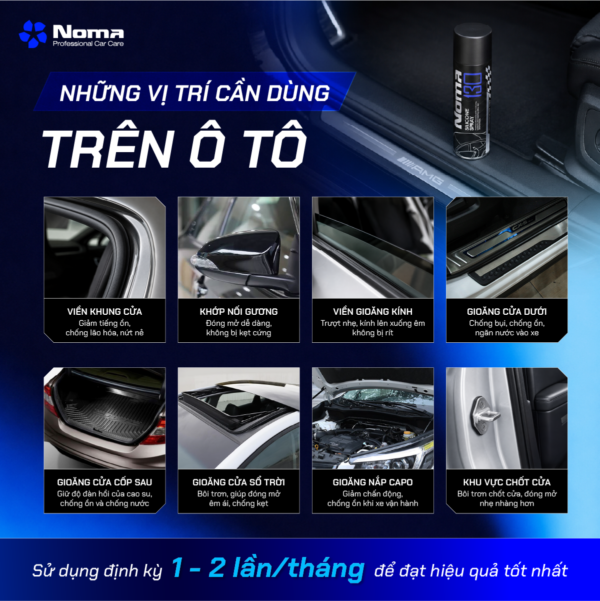 Các vị trị sử dụng NOMA 130 trên oto — viền khung cửa, khóp nối gương, gioăng kính, gioăng cửa cốp, cửa sổ trời, nắp capo, khu vực chốt cửa