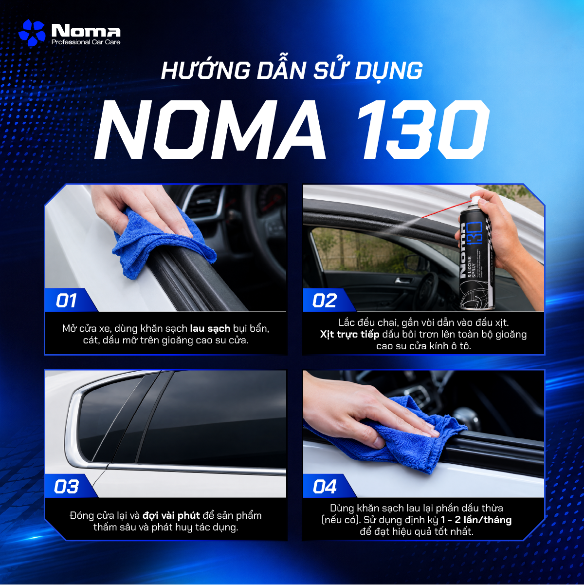 Hướng dẫn 4 bước sử dụng NOMA 130 — làm sạch bề mặp, xịt dung dịch, lau khô, đóng/mở cửa nhiều lần