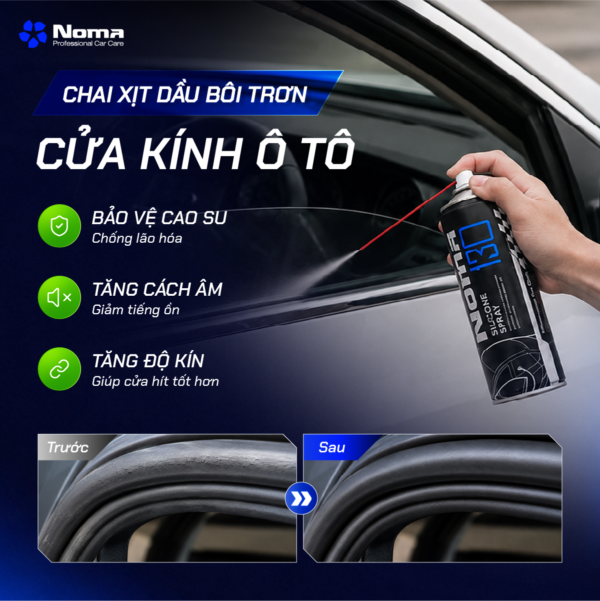 So sánh gioăng cửa kính oto trước và sau khi dùng NOMA 130 — bề mặp sáng bóng, mềm mại, không nhờn dính