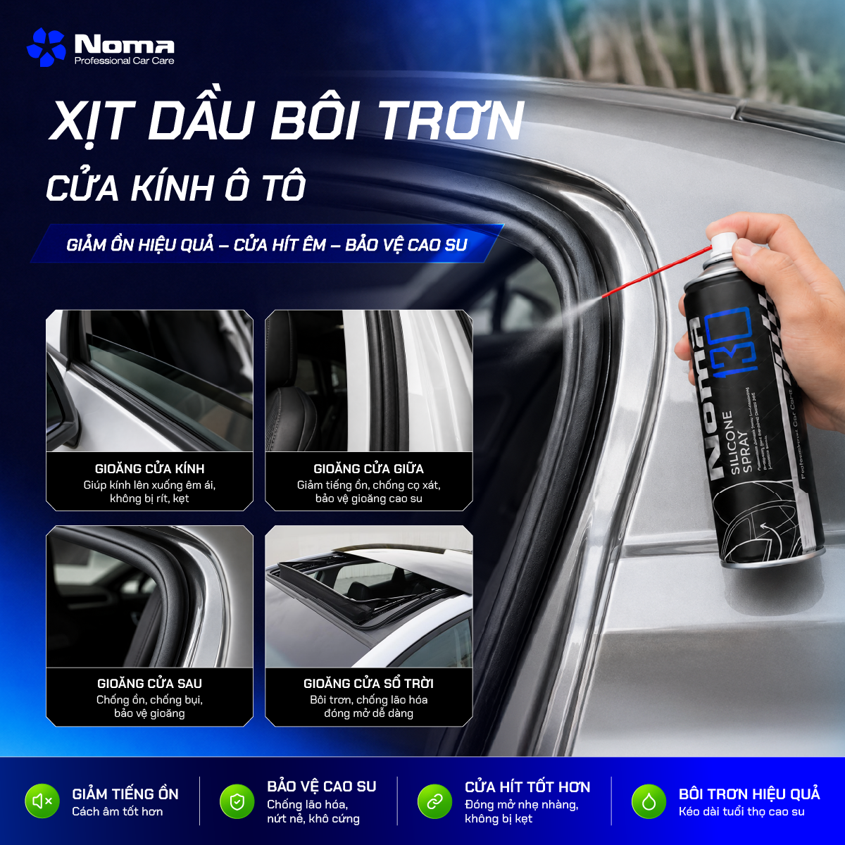 Xịt dầu bôi trơn NOMA 130 vào gioăng cửa kính oto — giảm tiếng ồn, bảo vệ cao su, cửa hít tốt hơn, bôi trơn hiệu quả