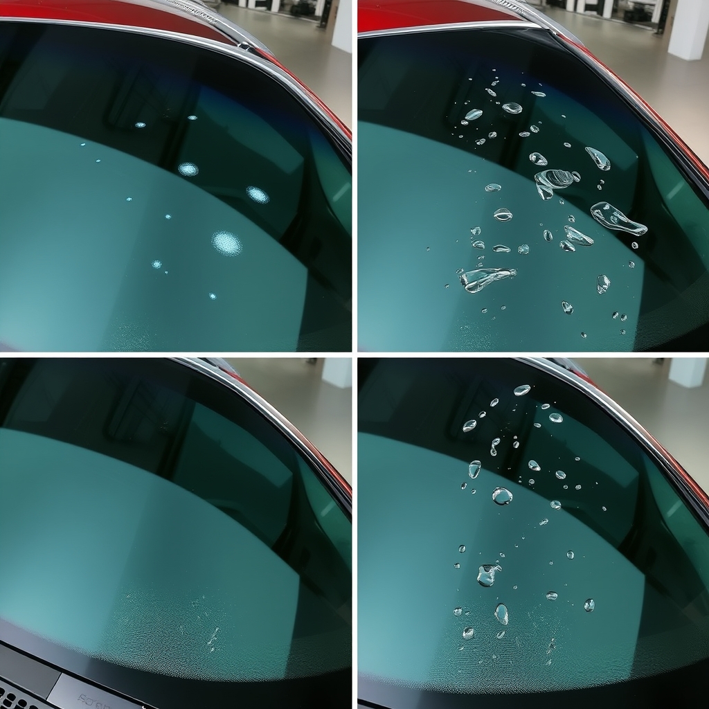 So sánh kính ô tô trước và sau khi phủ nano kính chống nước: trước mờ, sau sáng bóng với nước bám