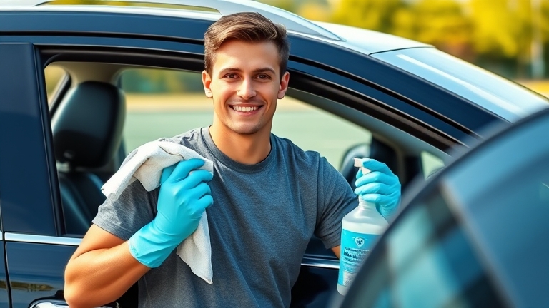 Người chăm sóc xe tại nhà đeo găng tay, chuẩn bị tẩy ố kính ô tô an toàn