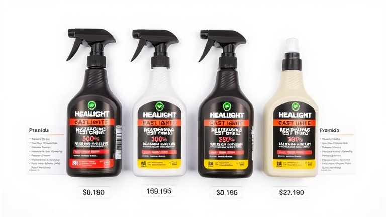 Ảnh so sánh sản phẩm xóa ố đèn pha: NOMA 620 và các thương hiệu đối thủ Meguiar's, 3M, Sonax với thông số kỹ thuật và giá thành.