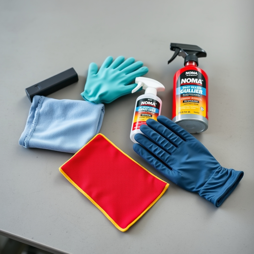Dụng cụ chuẩn bị cho xóa ố vàng đèn pha: khăn microfiber, găng tay bảo vệ, sản phẩm NOMA 620, nước rửa trên bàn làm việc gara