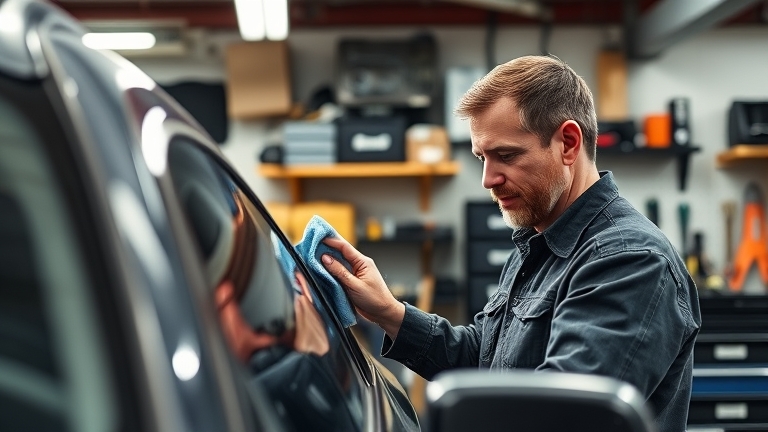 Hình ảnh chủ xe tự chăm sóc xe tại nhà sử dụng sản phẩm xóa xước sơn, không gian garage thoáng sáng