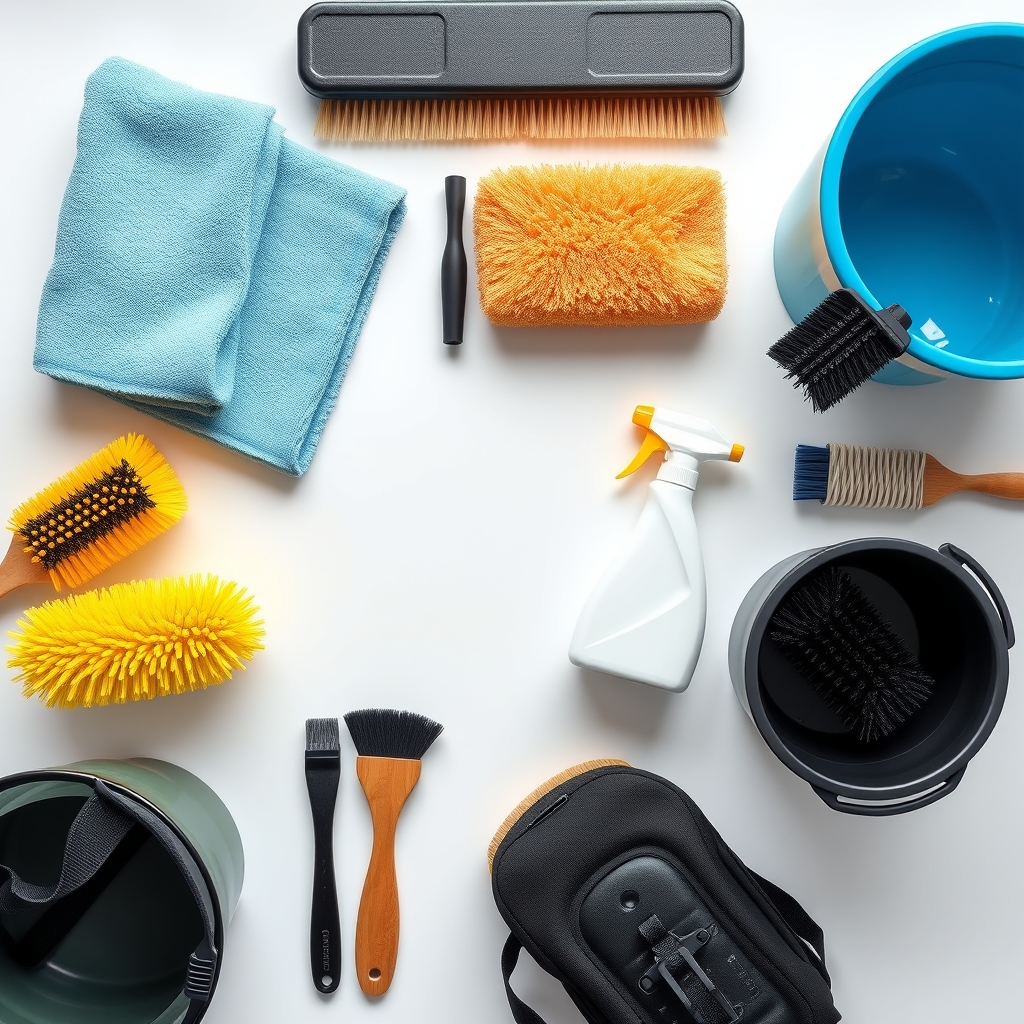 Các công cụ chăm sóc xe tại nhà cơ bản: khăn microfiber, bàn chải mềm, xô nước, dụng cụ cọ để vệ sinh chi tiết ô tô
