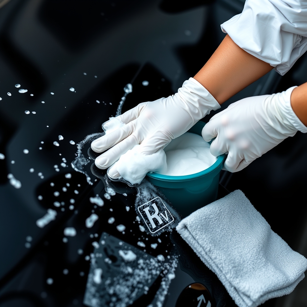 Hình ảnh rửa xe chuẩn bị cho quy trình chăm sóc sơn xe toàn bộ, với bàn tay đeo găng tay, khăn microfiber sạch