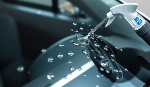 Kính ô tô sáng bóng sau khi tẩy ố với lớp phủ chống bám nước, hạt nước tạo hình cầu trên bề mặt kính sạch sẽ