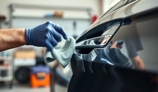 Chăm sóc xe DIY tại nhà: Hình ảnh người chủ xe thoa sản phẩm phục hồi nhựa nhám lên cánh cửa ô tô bằng khăn microfiber chuyên dụng, với đầu vào sáng và cách làm chuyên nghiệp.