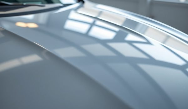 Bề mặt sơn xe bóng mướt sau khi làm bóng sơn xe tại nhà, phản chiếu ánh sáng tự nhiên, độ bóng cao và sáng sẽ như mới